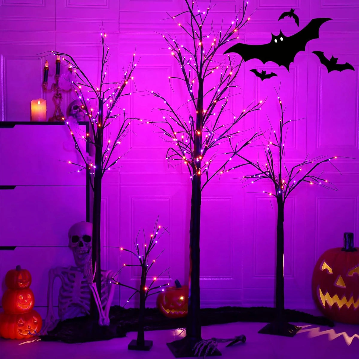 Albelt Lighted Black Halloween Trees, Set Of 3, 4FT 5FT 6FT, 96 LED Lights, Orange And Purple - GP-SW240DC0150T-IP44(US)