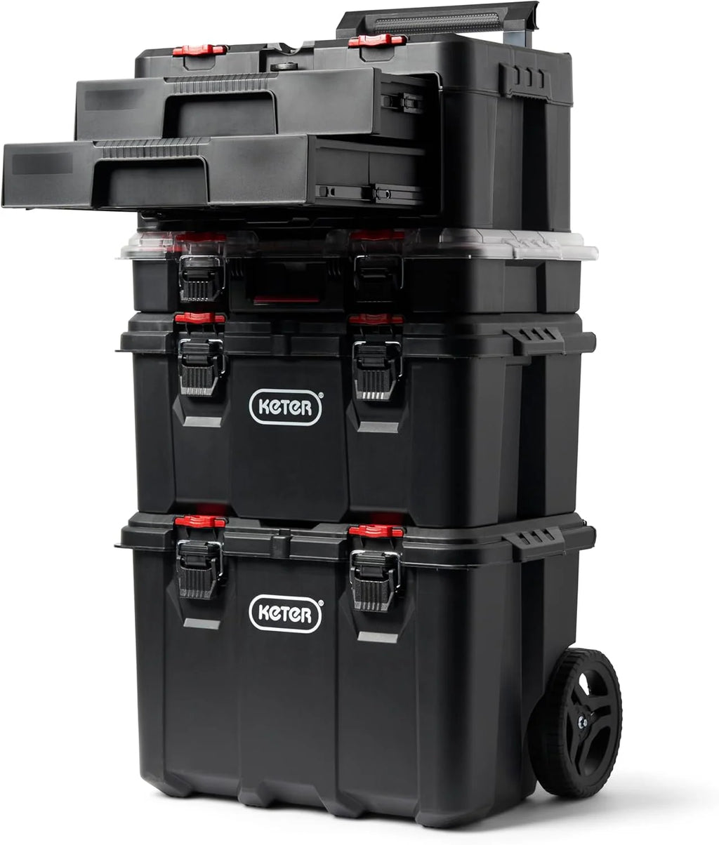 Keter Rolling Tool Box System, 3 Piece, Black/Red - 3 Piece Resin Modular Toolbox System