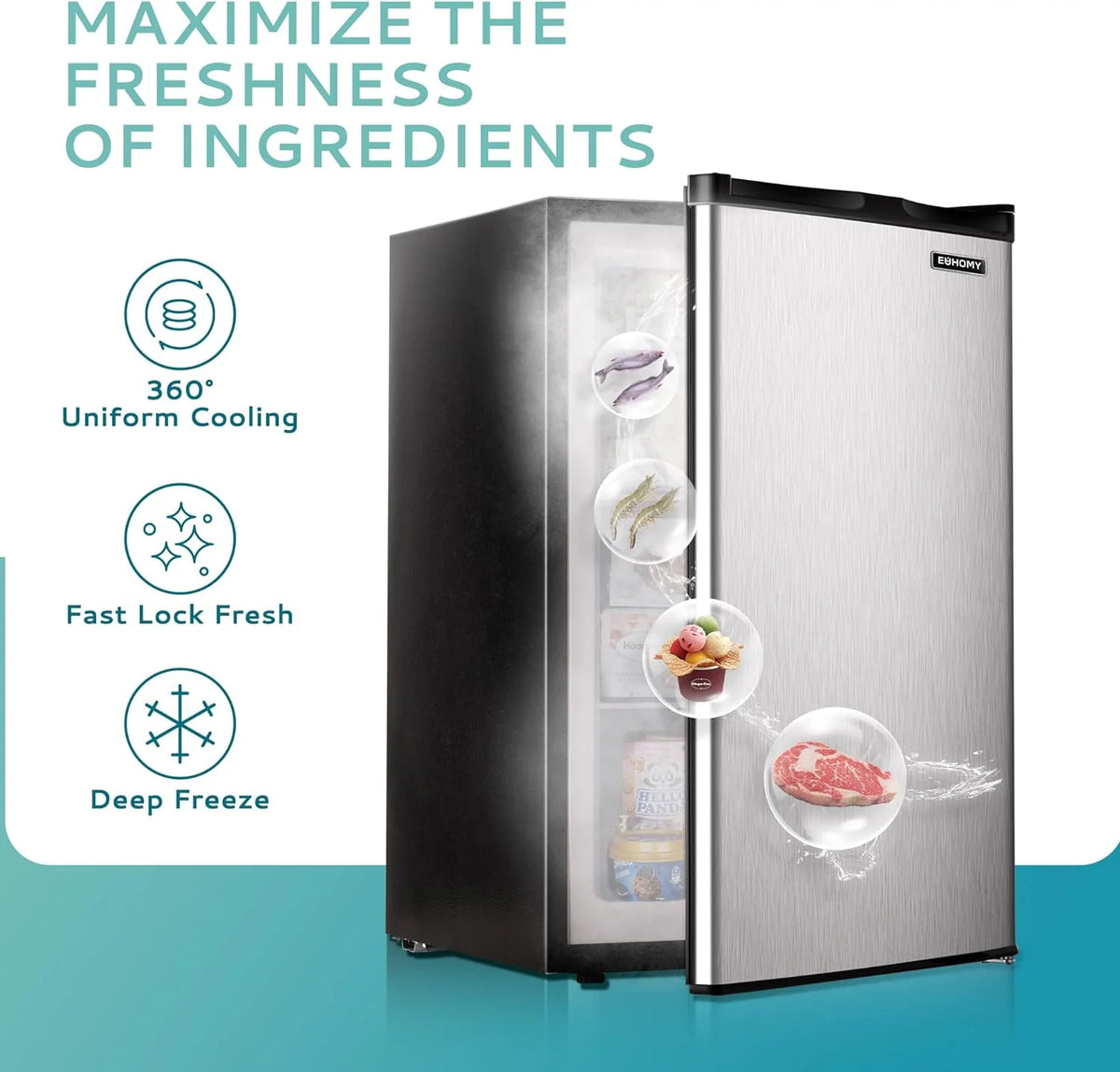 EUHOMY Compact Upright Freezer, 3.0 Cubic Feet, Silver Stainless Steel Door - MF-30-Y