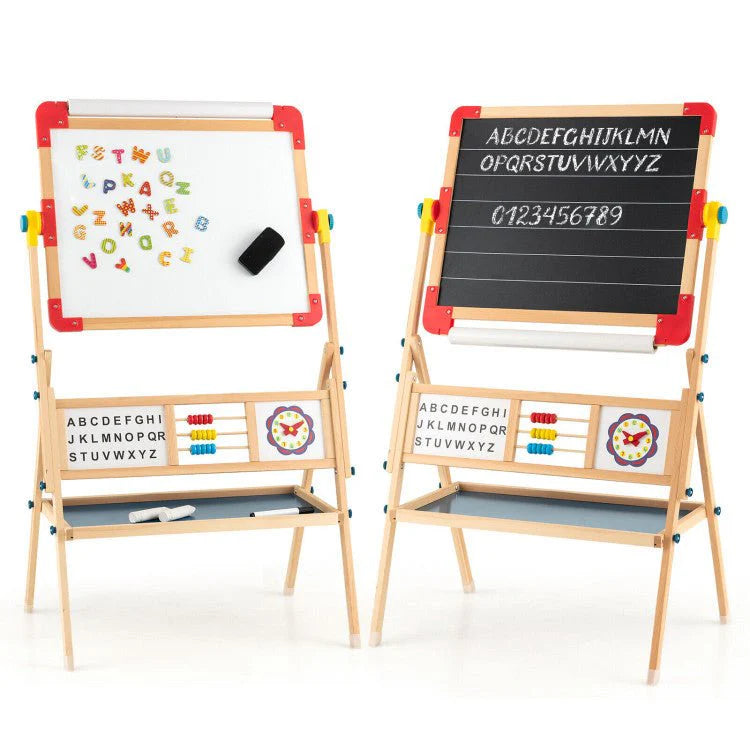 Kids Wooden Art Easel With Chalkboard, Magnetic Whiteboard And Paper Roll - 3-In-1