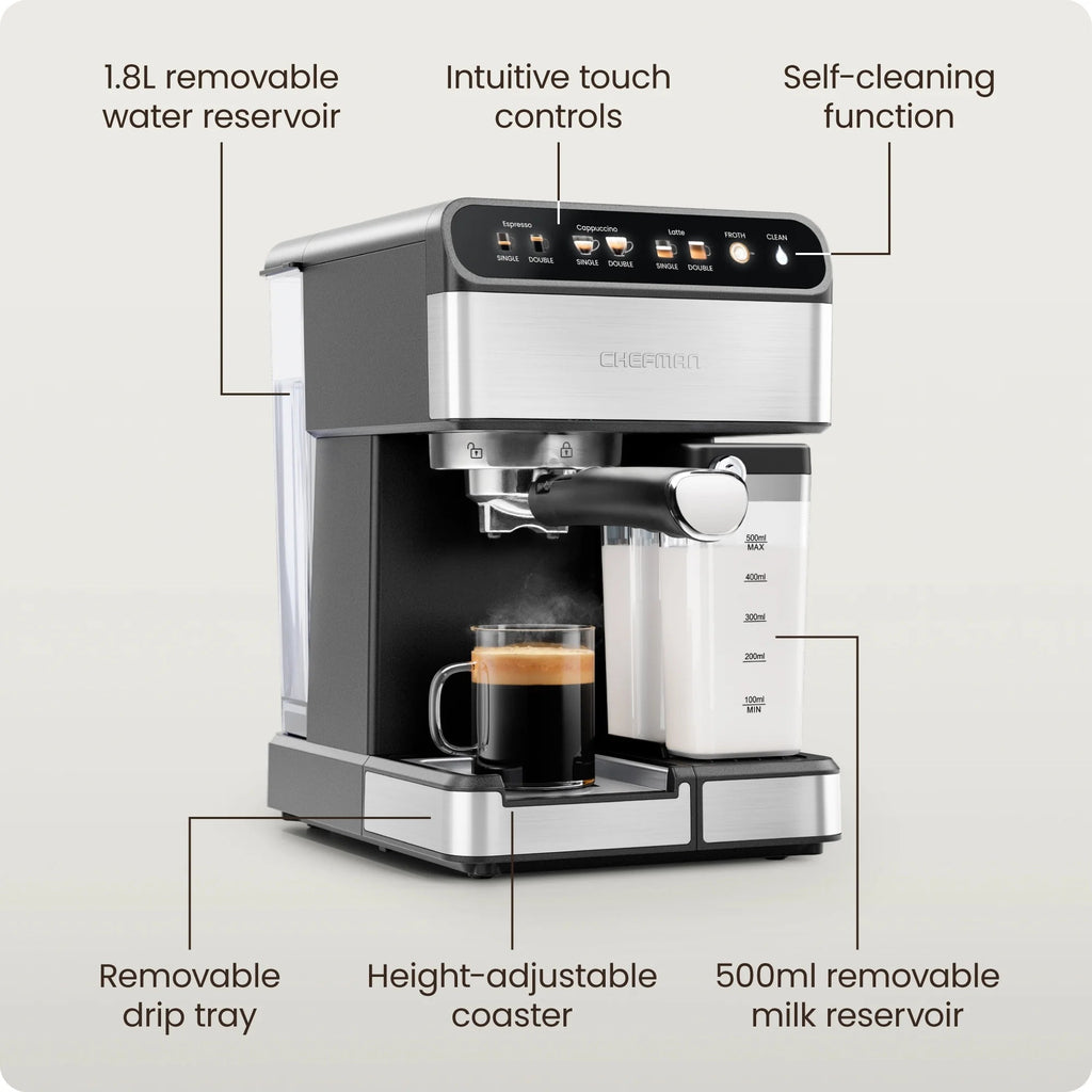 Chefman CafeMaster Pro 6-in-1 Espresso Machine With Milk Frother, Stainless Steel, 1.8-Liter - RJ54-I-SV / RJ54-I-SV-AM