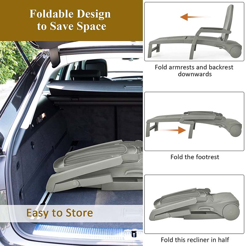 Folding Plastic Outdoor Chaise Lounge Chair With Wheels, 6-Position, 65.5 x 29 x 16.5-37 in, 330 lbs