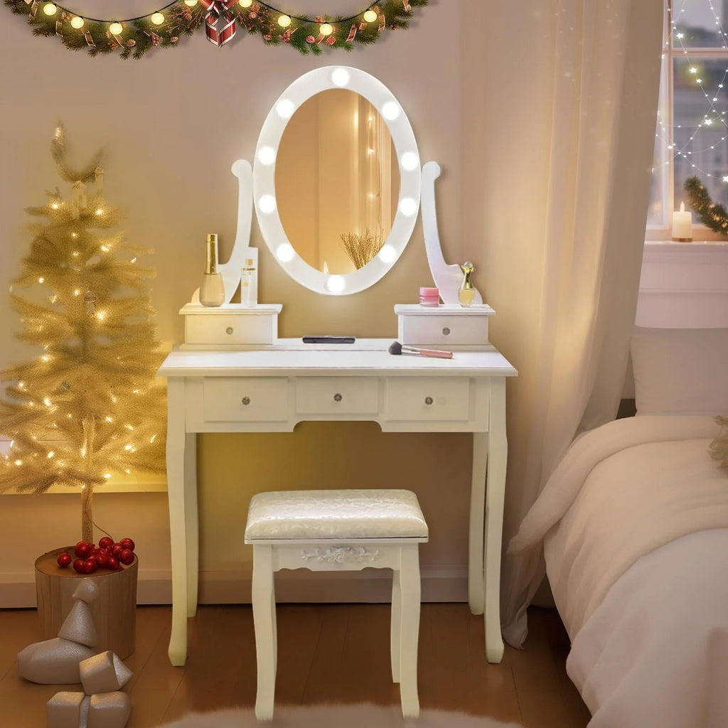 Ktaxon Vanity Table Set With 10 LED Lights, 5 Drawers, Cushioned Stool, White
