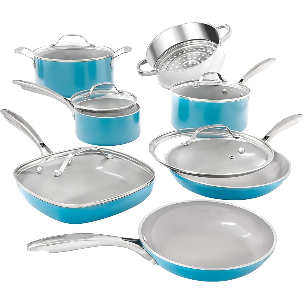 GOTHAM STEEL Aqua Blue 12 Piece Nonstick Ceramic Cookware Set - Turquoise