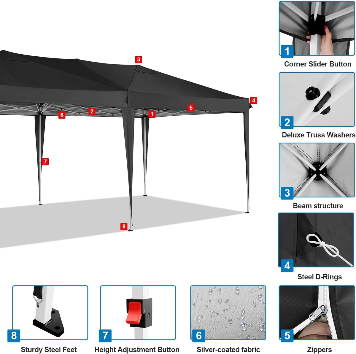 COBIZI Pop Up Canopy Tent 10x20ft With 6 Sidewalls, Black