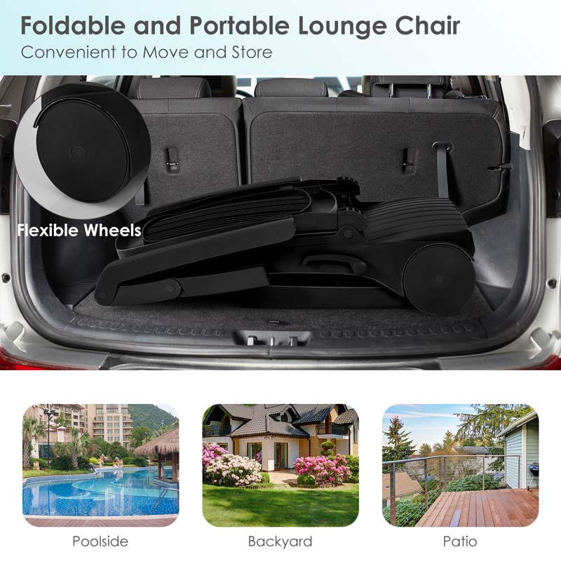 Folding Plastic Outdoor Chaise Lounge Chair With Wheels, 6-Position, 65.5 x 29 x 16.5-37 in, 330 lbs