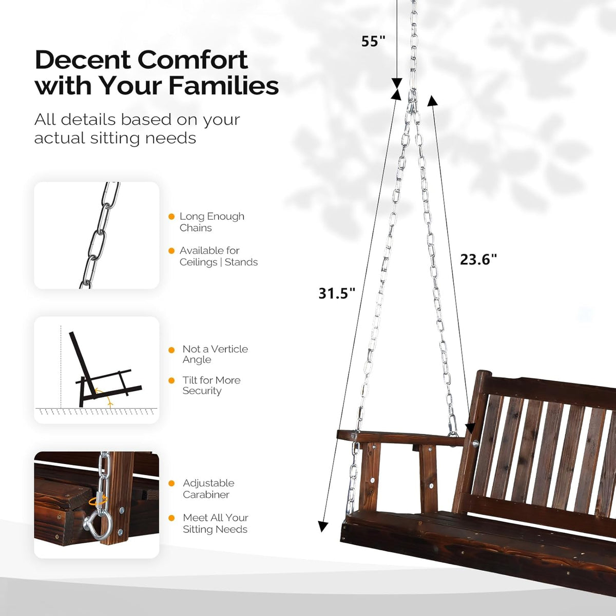 VINGLI Heavy Duty 880 LBS 5 FT Wooden Porch Swing Bench - Rustic