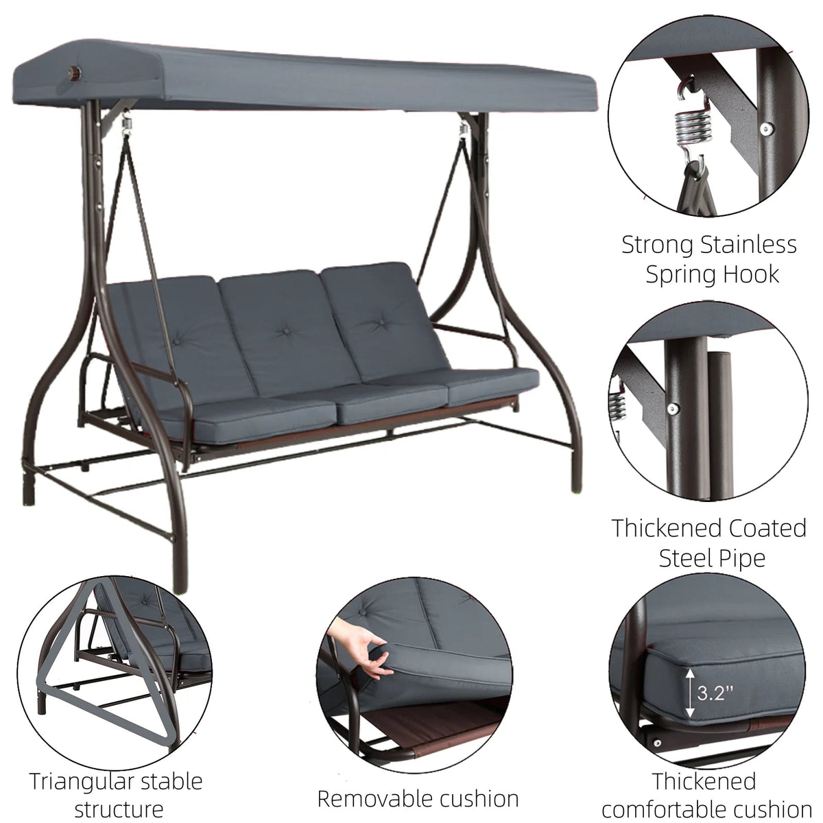 Arlopu 3-Person Outdoor Convertible Porch Swing Glider With Canopy