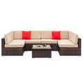SESSLIFE 7-Piece Wicker Patio Sofa Set With Glass Coffee Table - Brown Rattan Beige Cushions