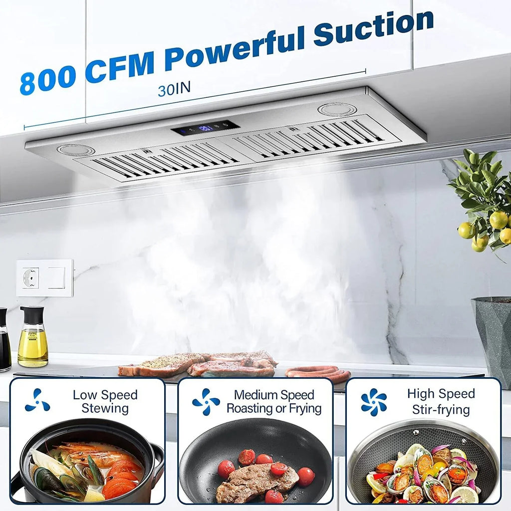 30 Inch Built-In Range Hood 800 CFM 3-Speed Touch Control