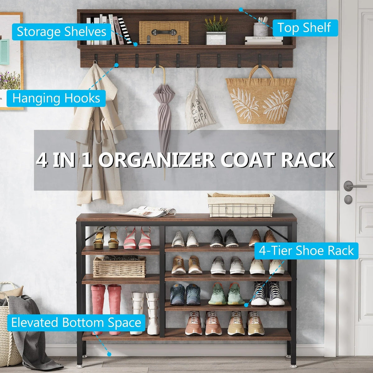 5-in-1 Entryway Hall Tree With Coat Rack, Shoe Bench, 7 Hooks, 3 Cubbies And 3-Tier Shoe Rack