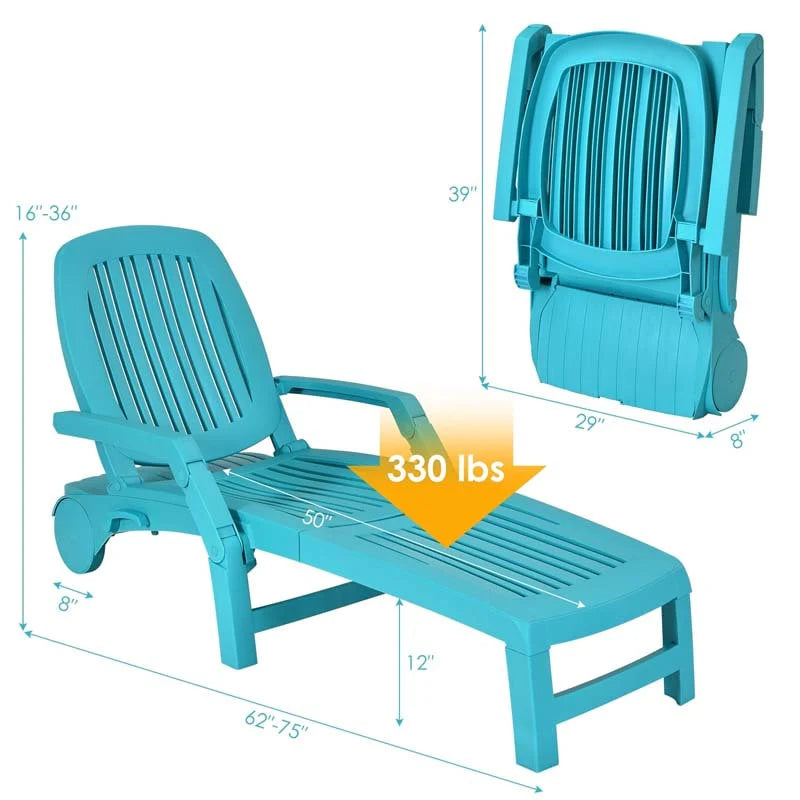 Folding Plastic Outdoor Chaise Lounge Chair With Wheels, 6-Position, 65.5 x 29 x 16.5-37 in, 330 lbs