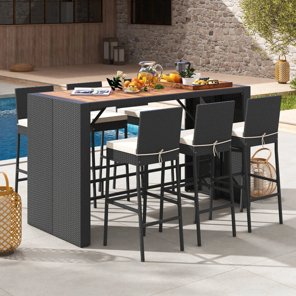 Costway 7-Piece Outdoor Patio Bar Set With Acacia Wood Tabletop, Black And Off White - 73in x 31.5in x 43.5in