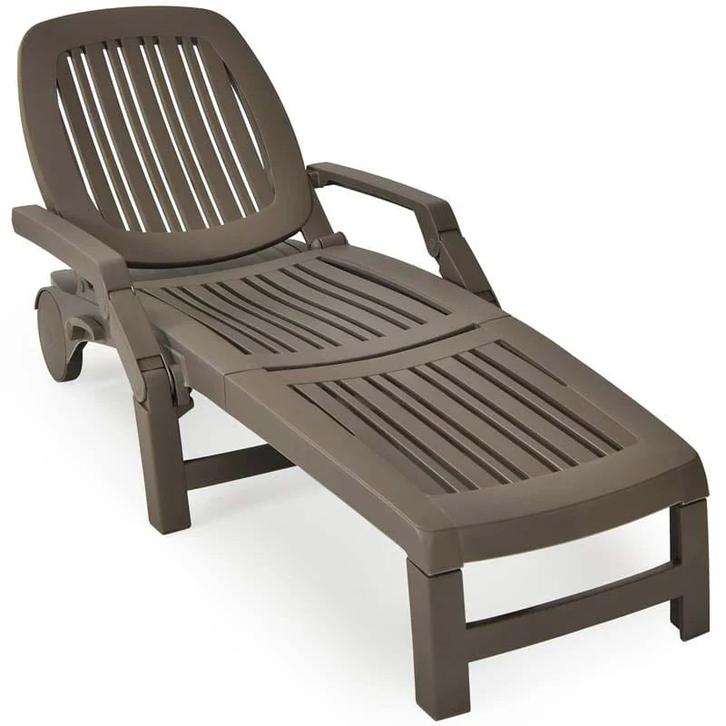 Folding Plastic Outdoor Chaise Lounge Chair With Wheels, 6-Position, 65.5 x 29 x 16.5-37 in, 330 lbs