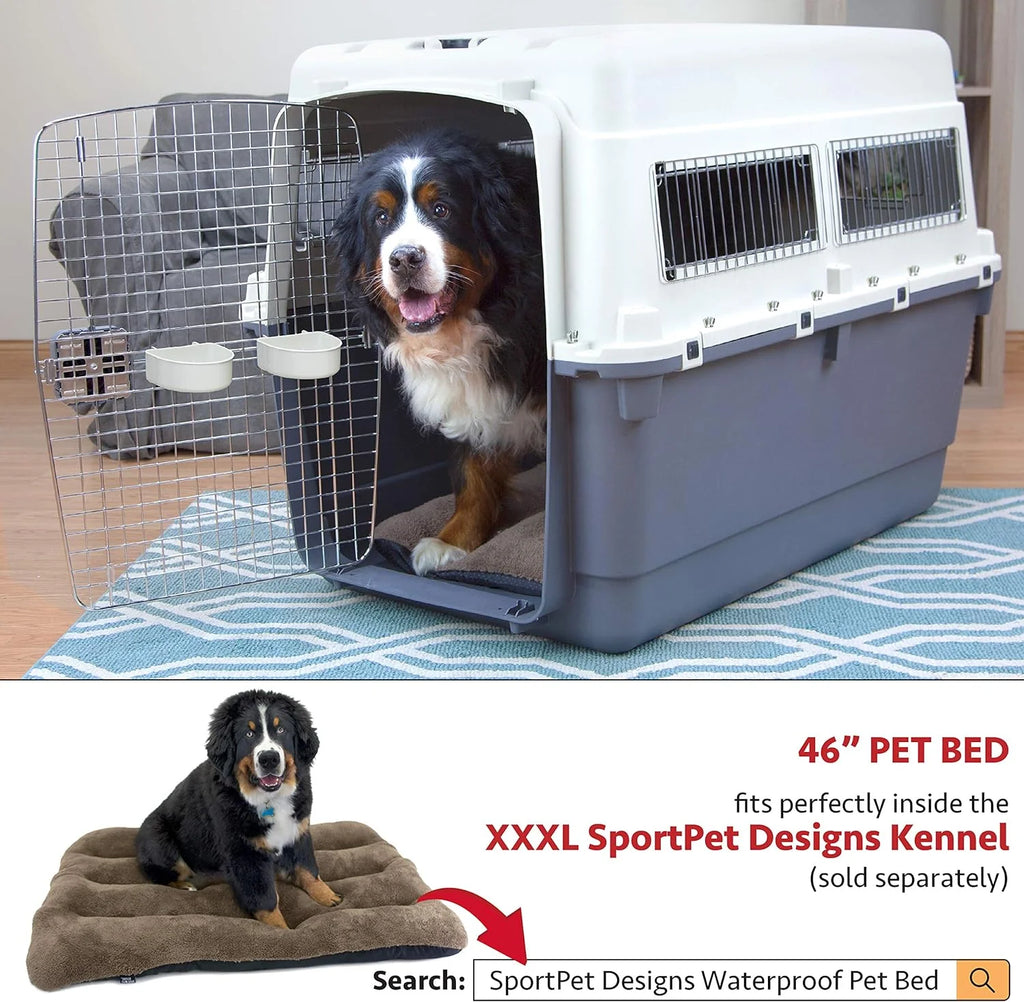 SportPet Designs Plastic Airline Approved Rolling Dog Kennel With Wire Door, XXX-Large, Gray, 48in L x 32in W x 36in H
