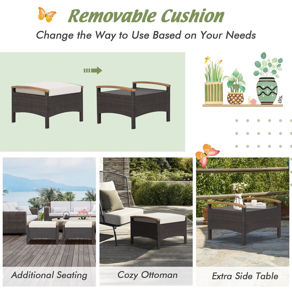 Costway Set Of 2 Patio Rattan Ottoman Footrests With Cushions, Mix Brown/Beige, 25 x 20 x 16 in