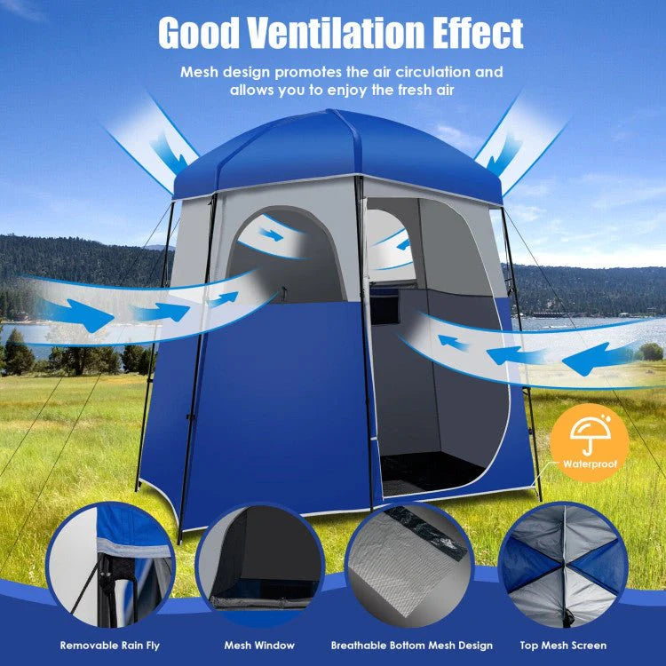 Double-Room Camping Privacy Shower Toilet Tent, Blue, 7ft x 3.5ft x 7ft - With Storage Bag