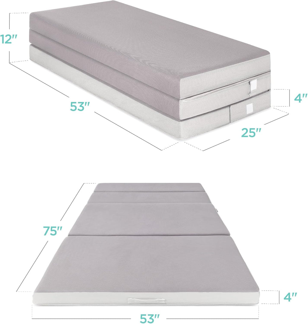 Best Choice Products Queen-Size 4in Tri-Fold Foam Mattress With Carry Case - Grey