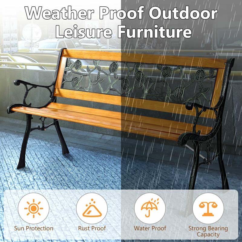 Garden Park Bench, Cast Iron And Kembat Wood, Black And Natural, 49.5in x 20.5in x 29in
