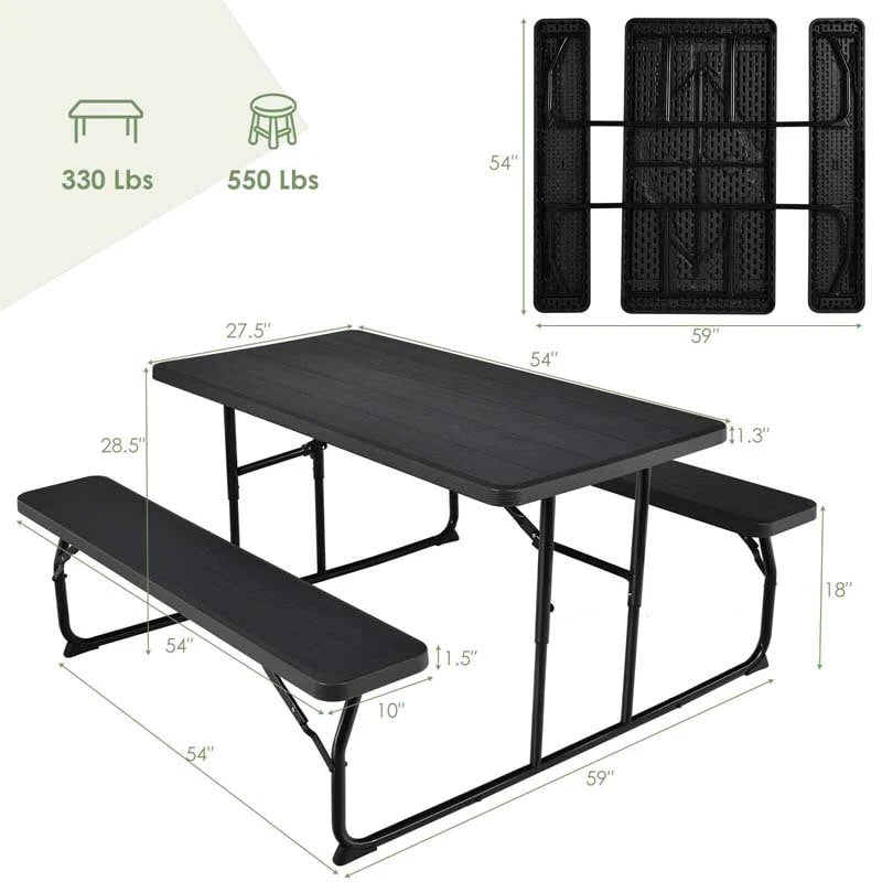4-Person Folding Picnic Table Bench Set, 59 in x 54 in x 28.5 in - Steel And HDPE