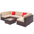SESSLIFE 7-Piece Wicker Patio Sofa Set With Glass Coffee Table - Brown Rattan Beige Cushions