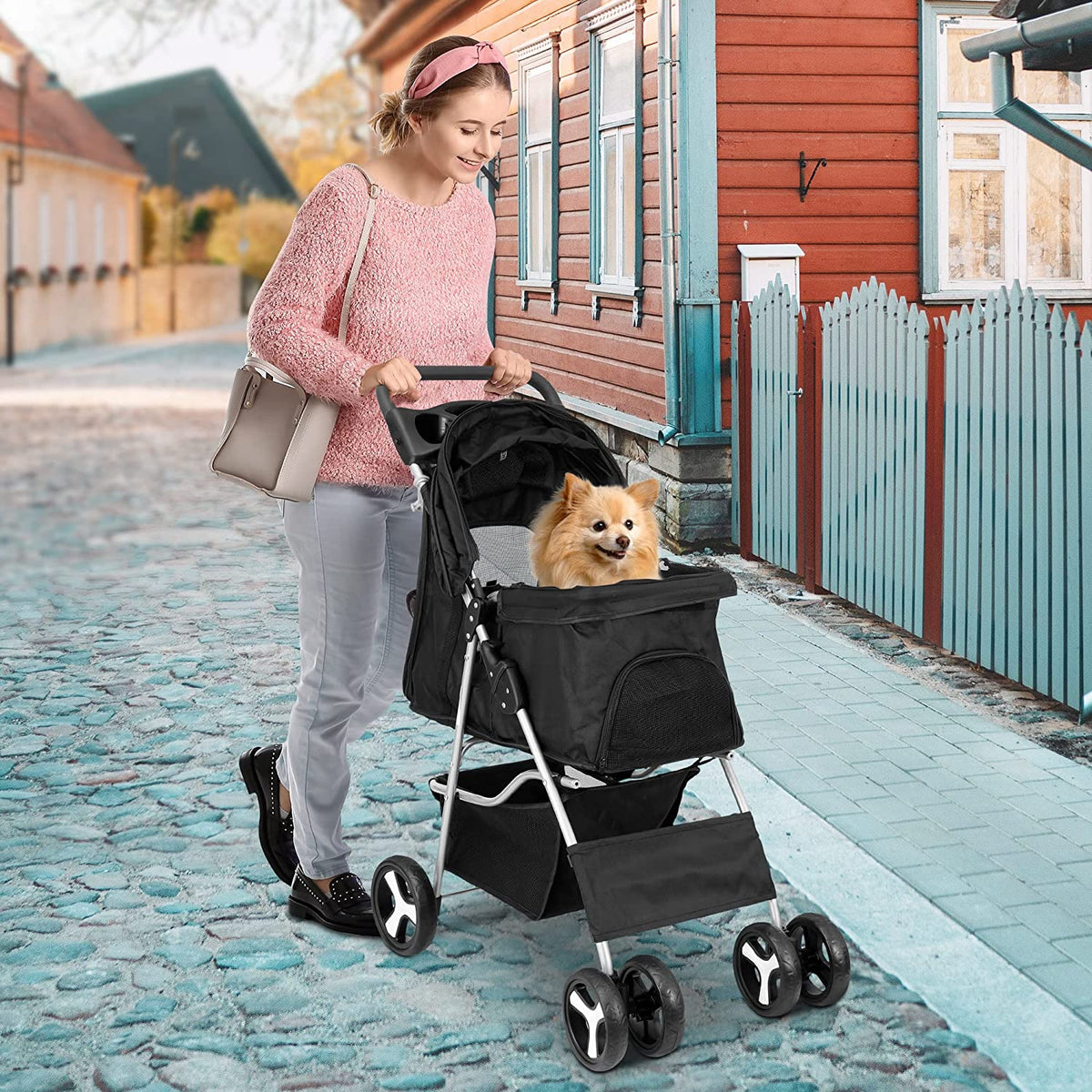 Pet Stroller With 4 Wheels For Small And Medium Dogs And Cats - Foldable, Oxford Cloth, 30 lbs Capacity