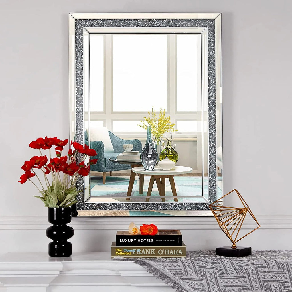 SHYFOY Rectangle Decorative Wall Mirror With Crushed Diamond, Silver