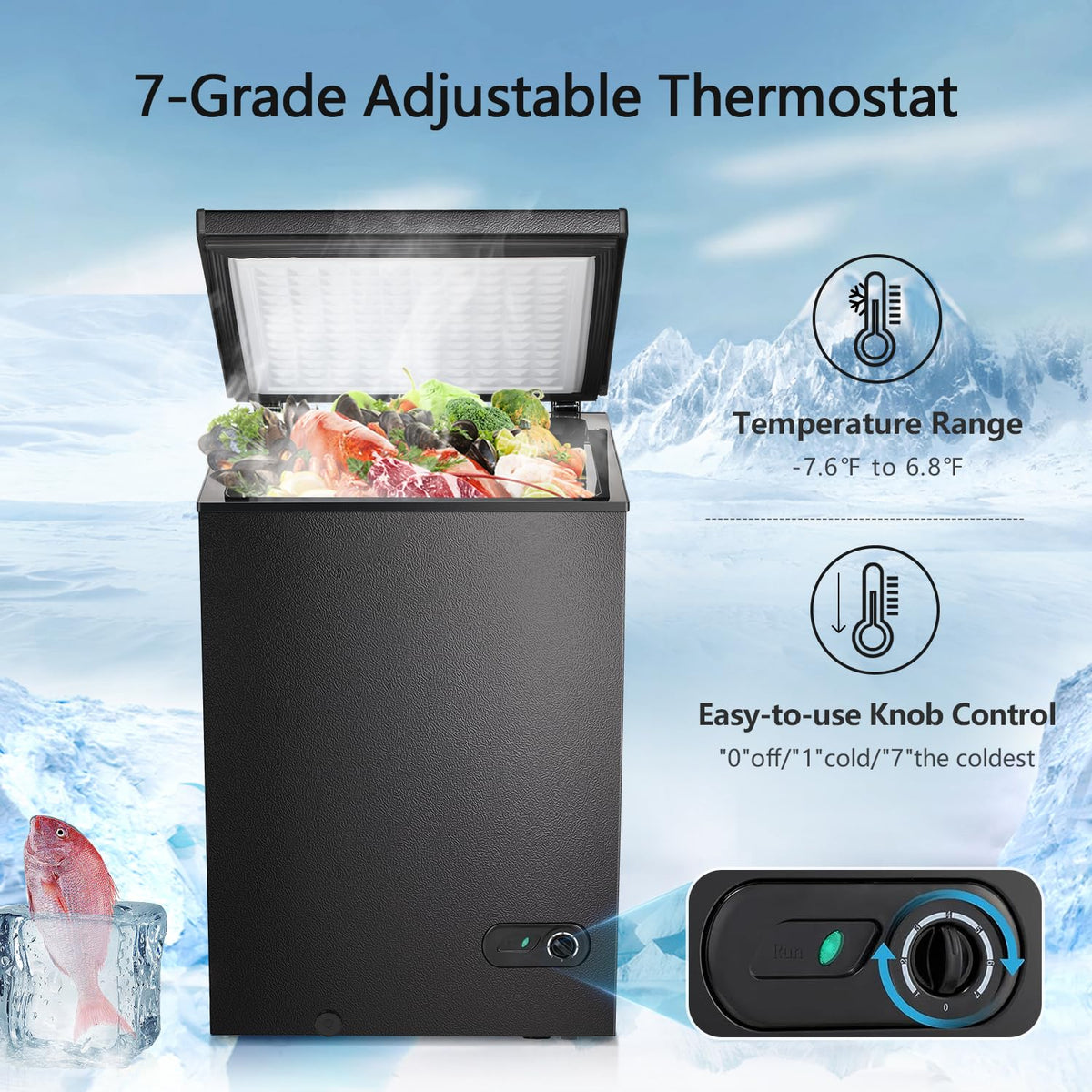 R.W.FLAME Chest Freezer 3.5 Cu.ft, Black, 1 Basket - RW58100B-N