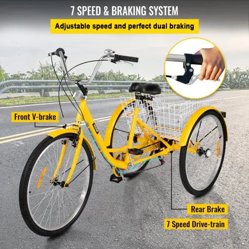 Adult 26-Inch 7-Speed Cruiser Tricycle With Front Basket And Comfort Saddle - Yellow