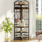 Corner Coat Rack Hall Tree With Shoe Bench, 6 Metal Hooks, Rustic Brown And Black, 17.72in x 17.72in x 72.05in