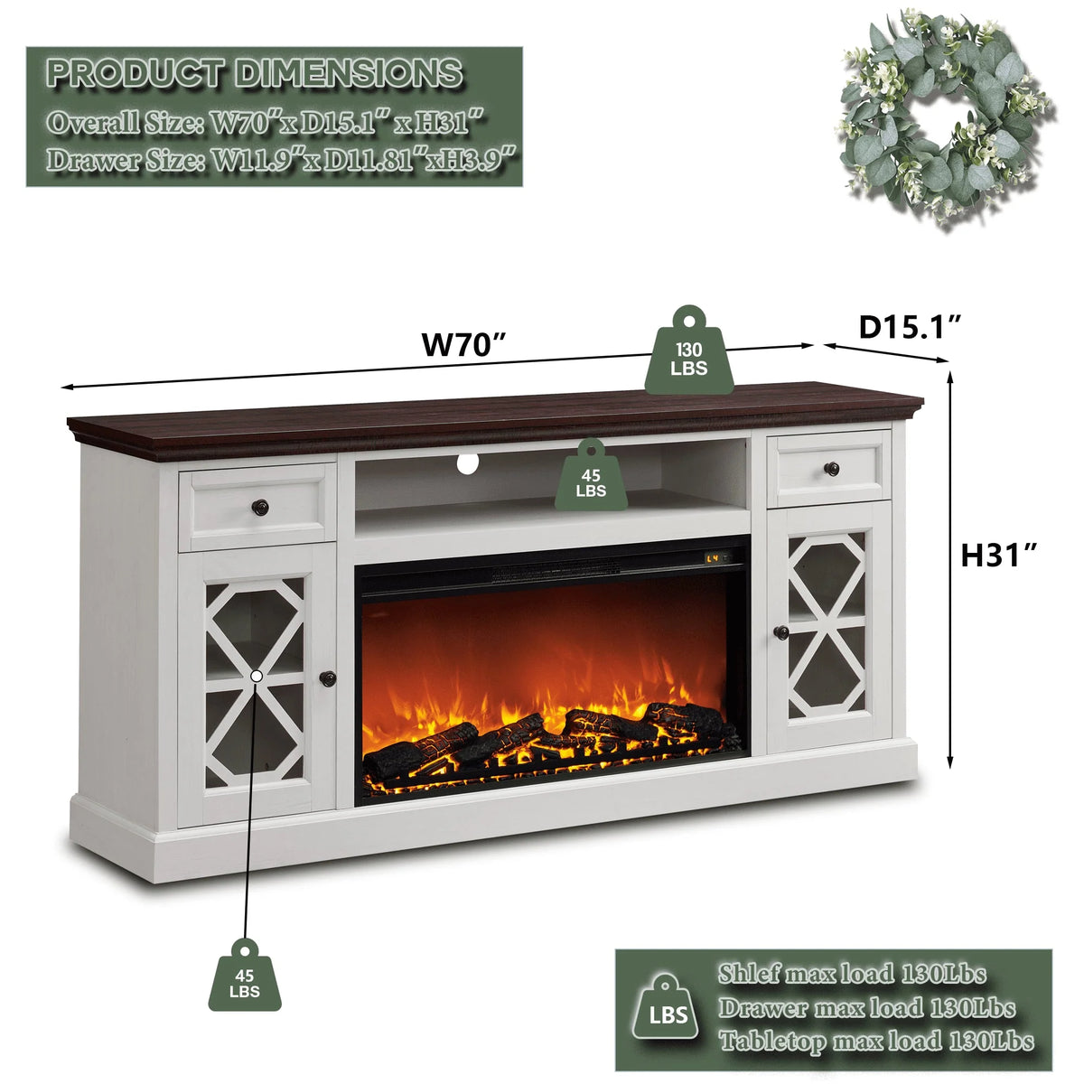 SinCiDo Farmhouse Fireplace TV Stand With 36 Inch Electric Fireplace For 80 Inch TVs, 70 Inch