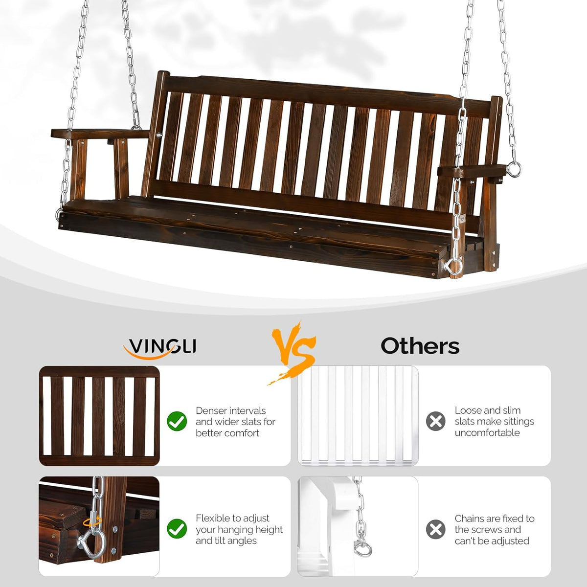 VINGLI Heavy Duty 880 LBS 5 FT Wooden Porch Swing Bench - Rustic