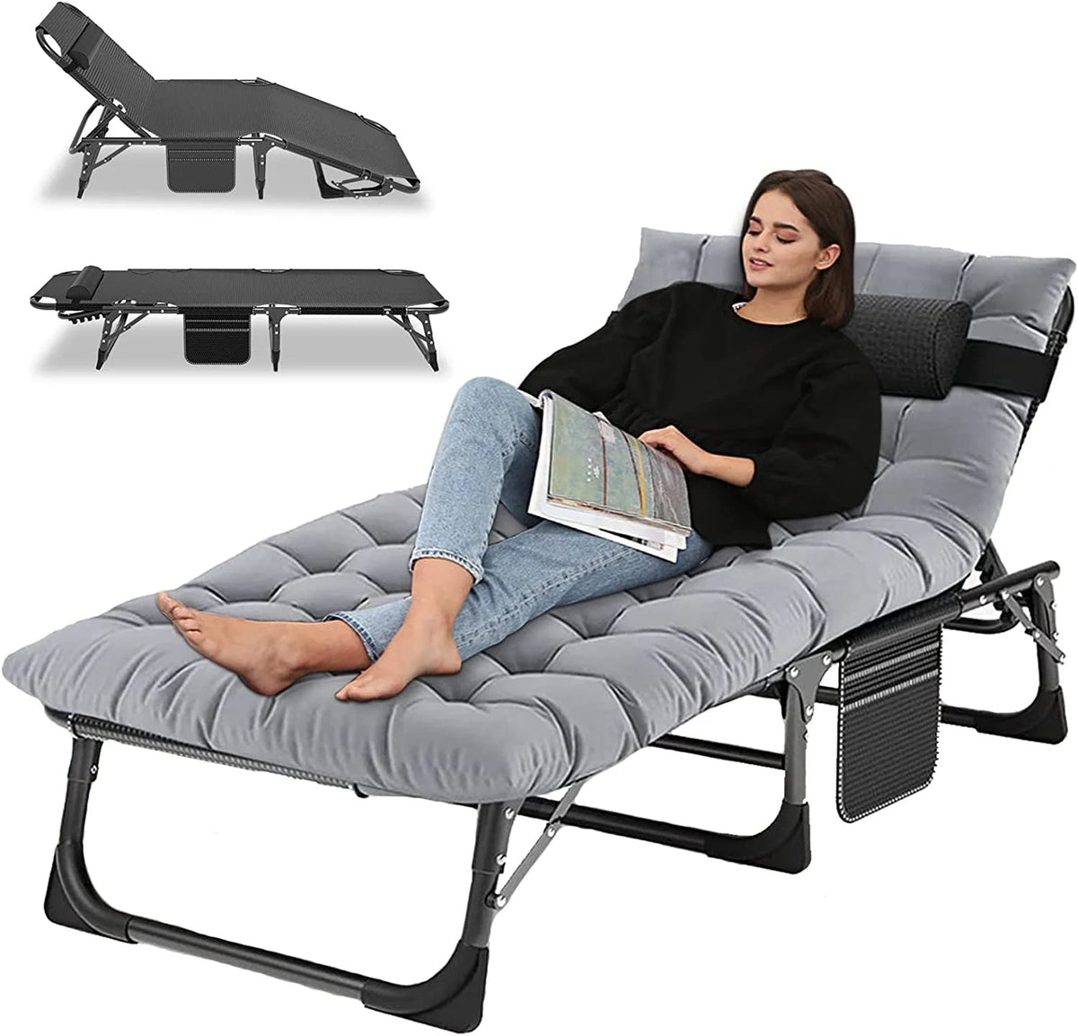 Slsy 5-Position Adjustable Folding Lounge Chair And Cot - 75.2" x 25.6" x 11.8"