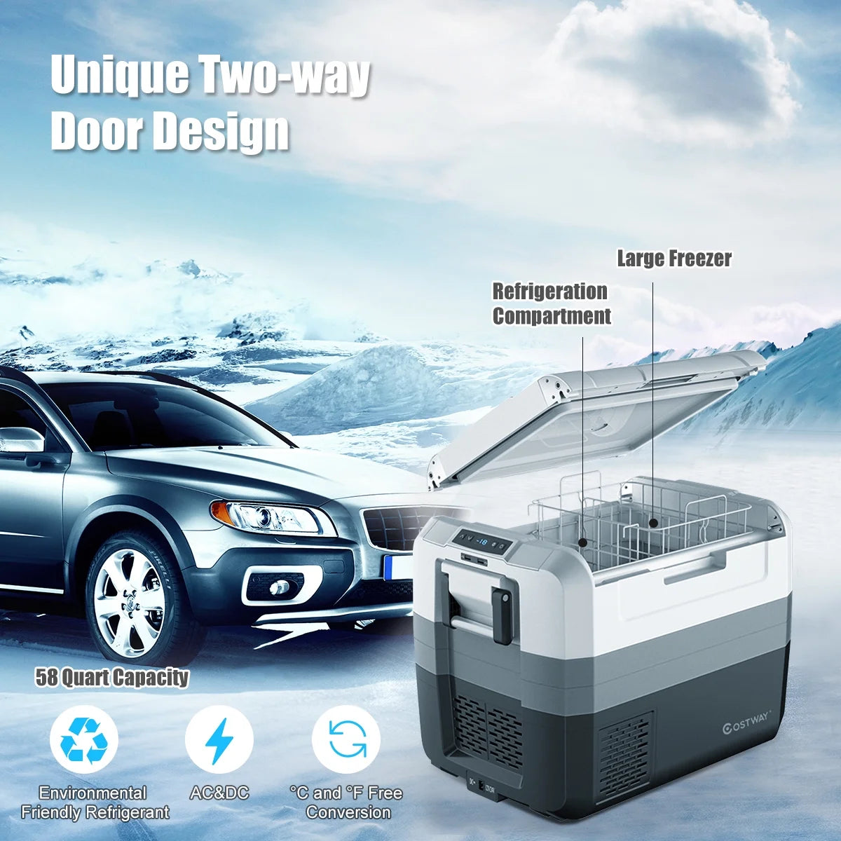 Costway 58 Quart Portable Electric Car Refrigerator Freezer - Dual Zone