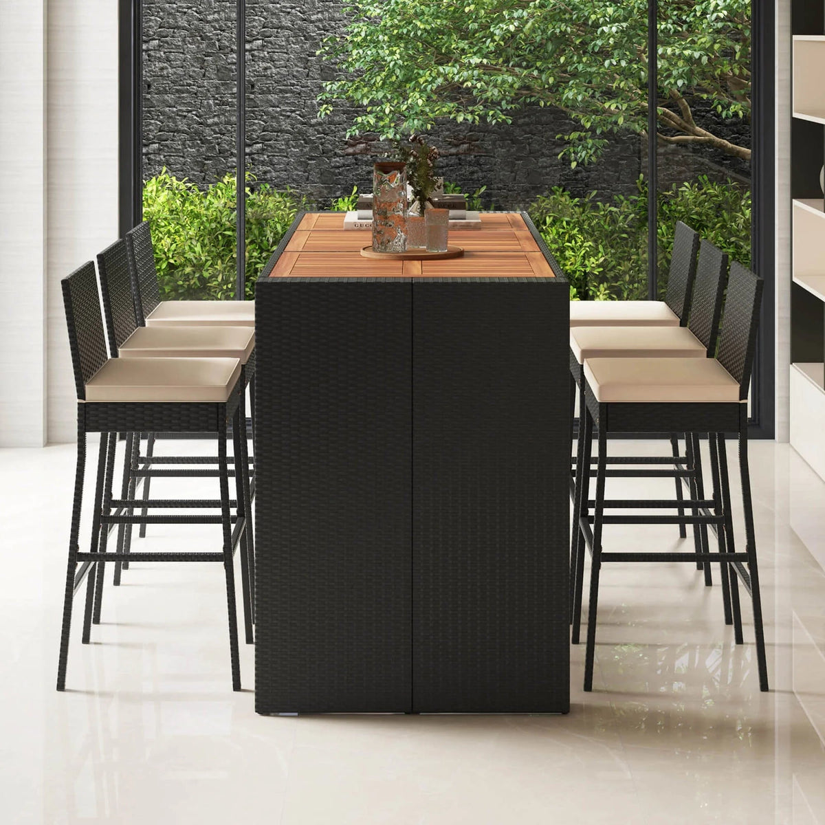 Costway 7-Piece Outdoor Patio Bar Set With Acacia Wood Tabletop, Black And Off White - 73in x 31.5in x 43.5in