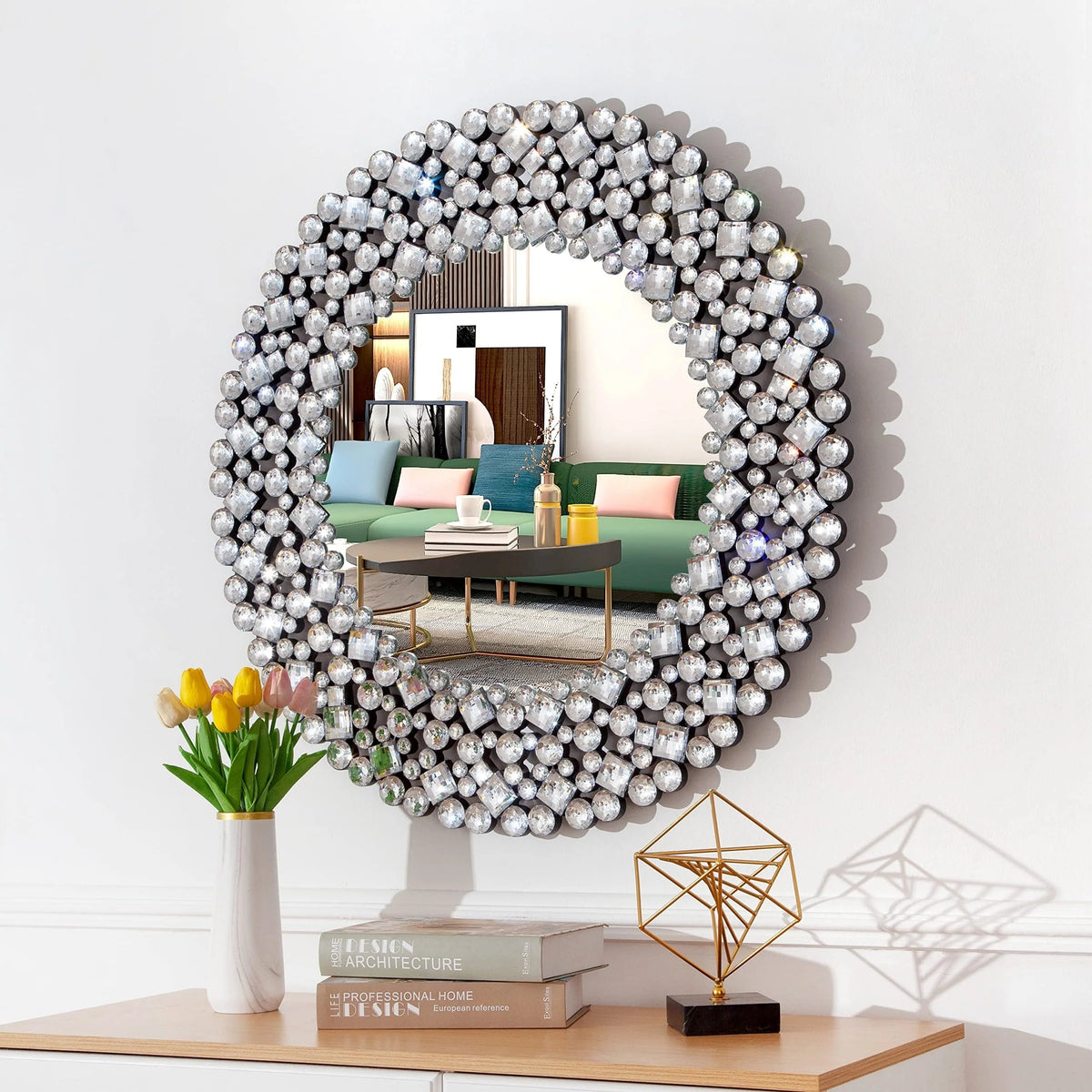 Round Crystal Accent Decorative Wall Mirror - 18/24/34 in