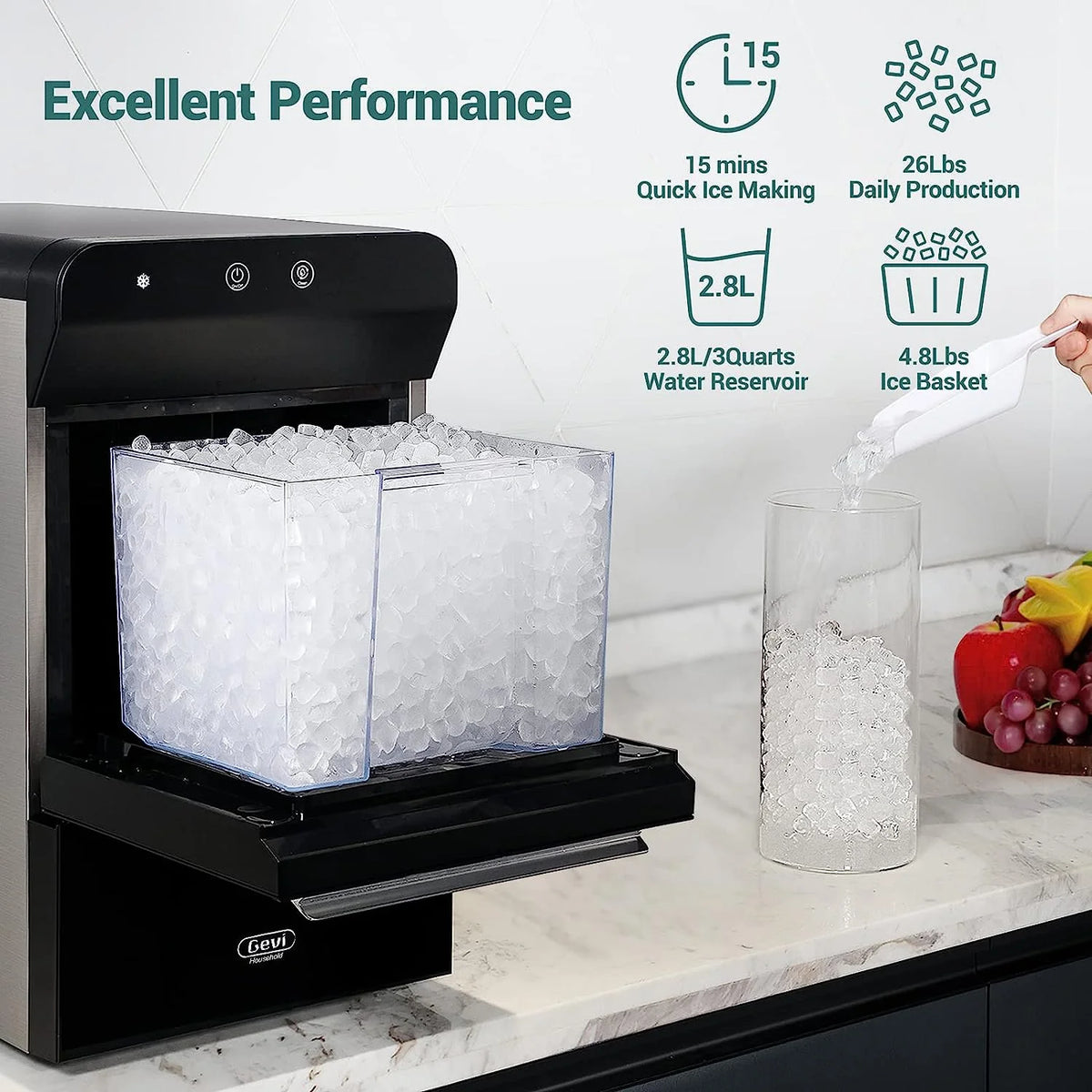 Gevi Countertop Self-Cleaning Nugget Ice Maker, 30 Lbs/24 Hours, 2.8L - V2.0