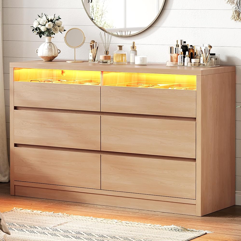 Jocoevol 6 Drawer Dresser With LED Light, Natural Wood, 15.94in D x 47.24in W x 29.72in H