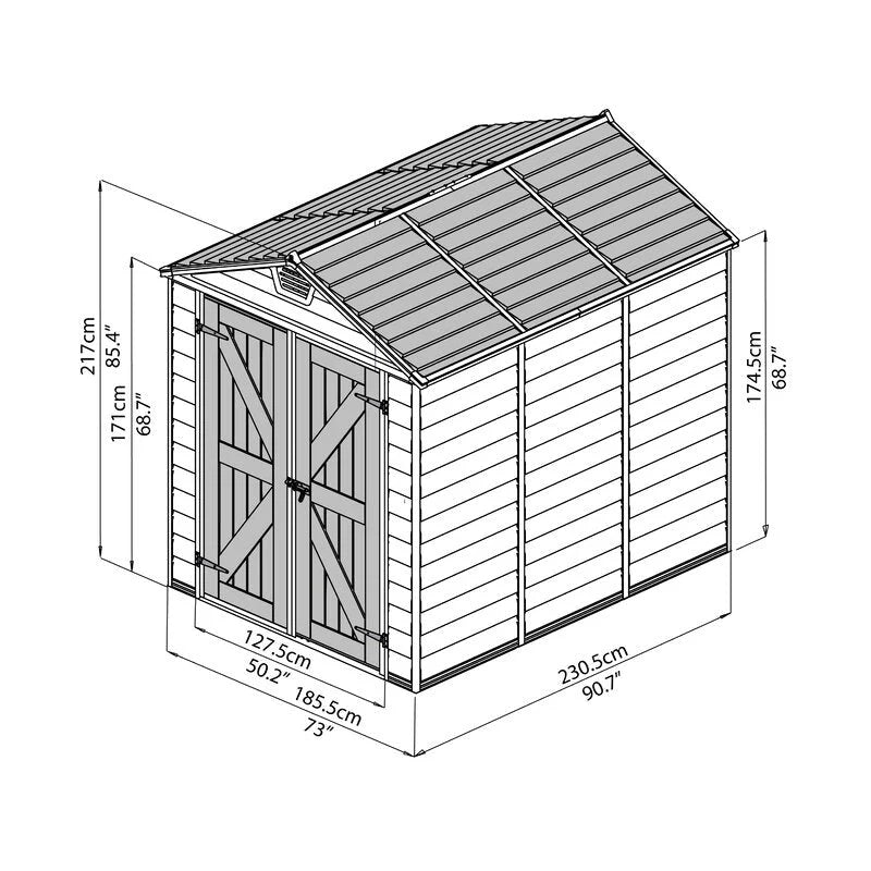 SkyLight Polycarbonate Storage Shed, Gray/Black, 6 ft W x 7.5 ft D