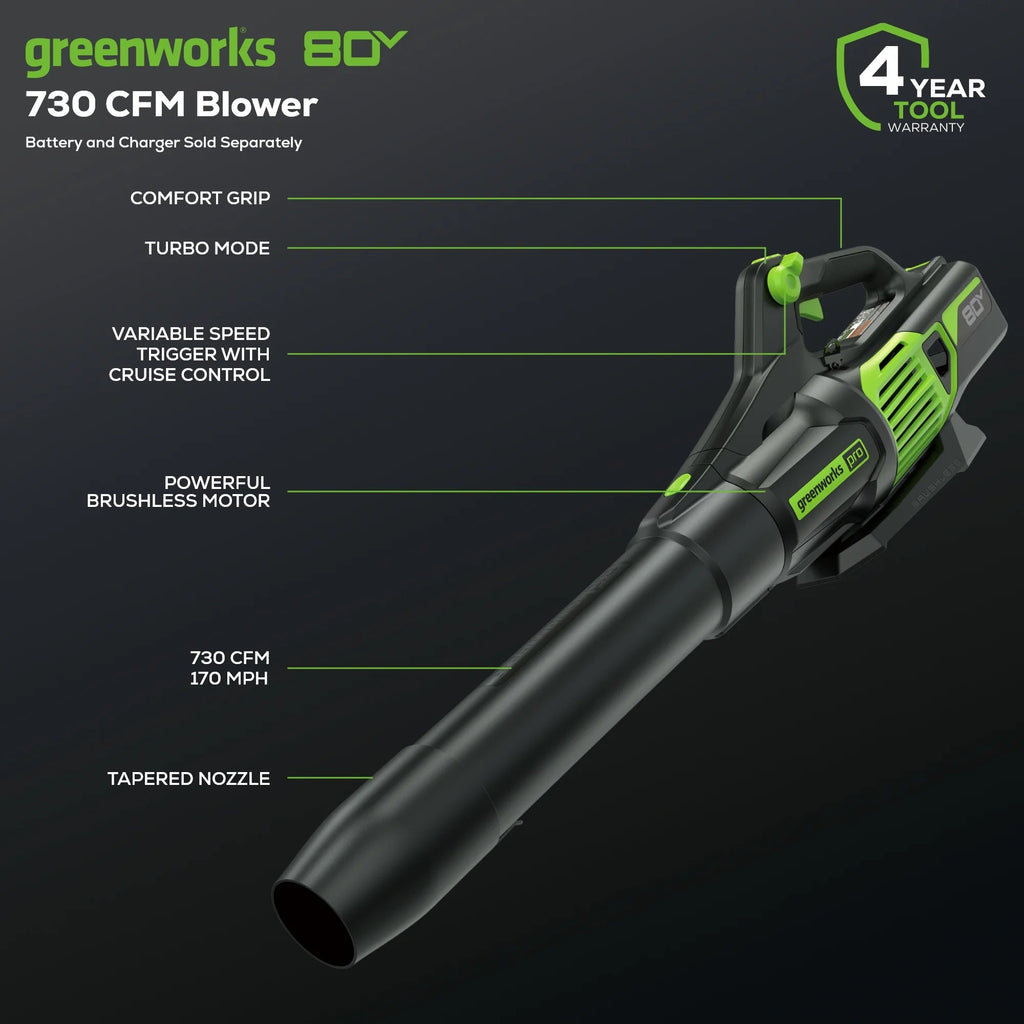 Greenworks Pro 80V Brushless Cordless Axial Blower, Tool Only, 170 MPH / 730 CFM - BL80L02