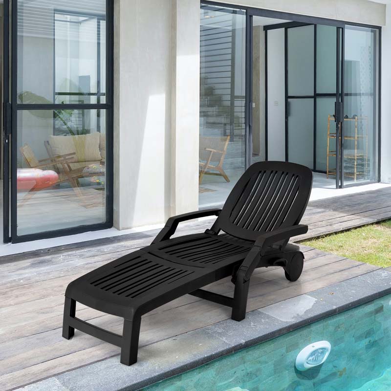 Folding Plastic Outdoor Chaise Lounge Chair With Wheels, 6-Position, 65.5 x 29 x 16.5-37 in, 330 lbs