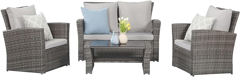 Wisteria Lane 4-Piece Outdoor Wicker Patio Conversation Set With Blue Cushions
