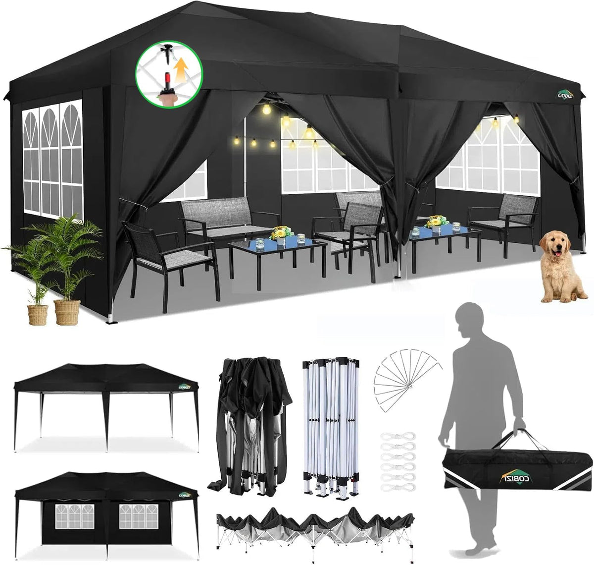 COBIZI Pop Up Canopy Tent 10x20ft With 6 Sidewalls, Black