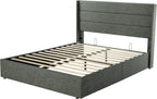 Queen Size Lift-Up Storage Bed With Wingback Headboard, Upholstered Platform Bed Frame With Hidden Storage