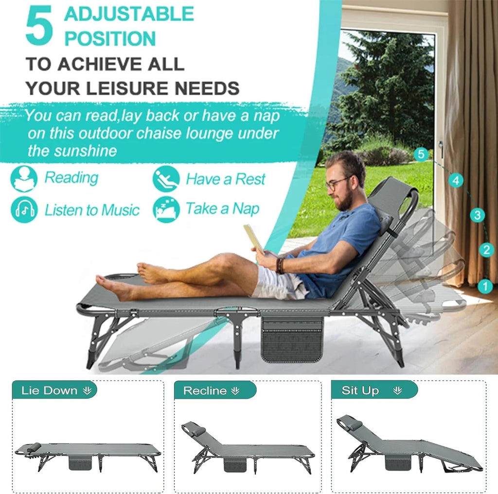 Slsy 5-Position Adjustable Folding Lounge Chair And Cot - 75.2" x 25.6" x 11.8"