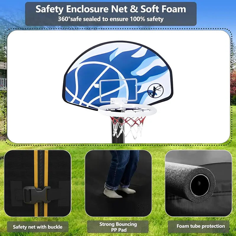 Trampoline With Enclosure Net And Adjustable Basketball Hoop - 8ft, 10ft, 12ft, 14ft, 15ft, 16ft