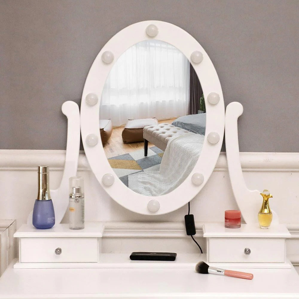 Ktaxon Vanity Table Set With 10 LED Lights, 5 Drawers, Cushioned Stool, White