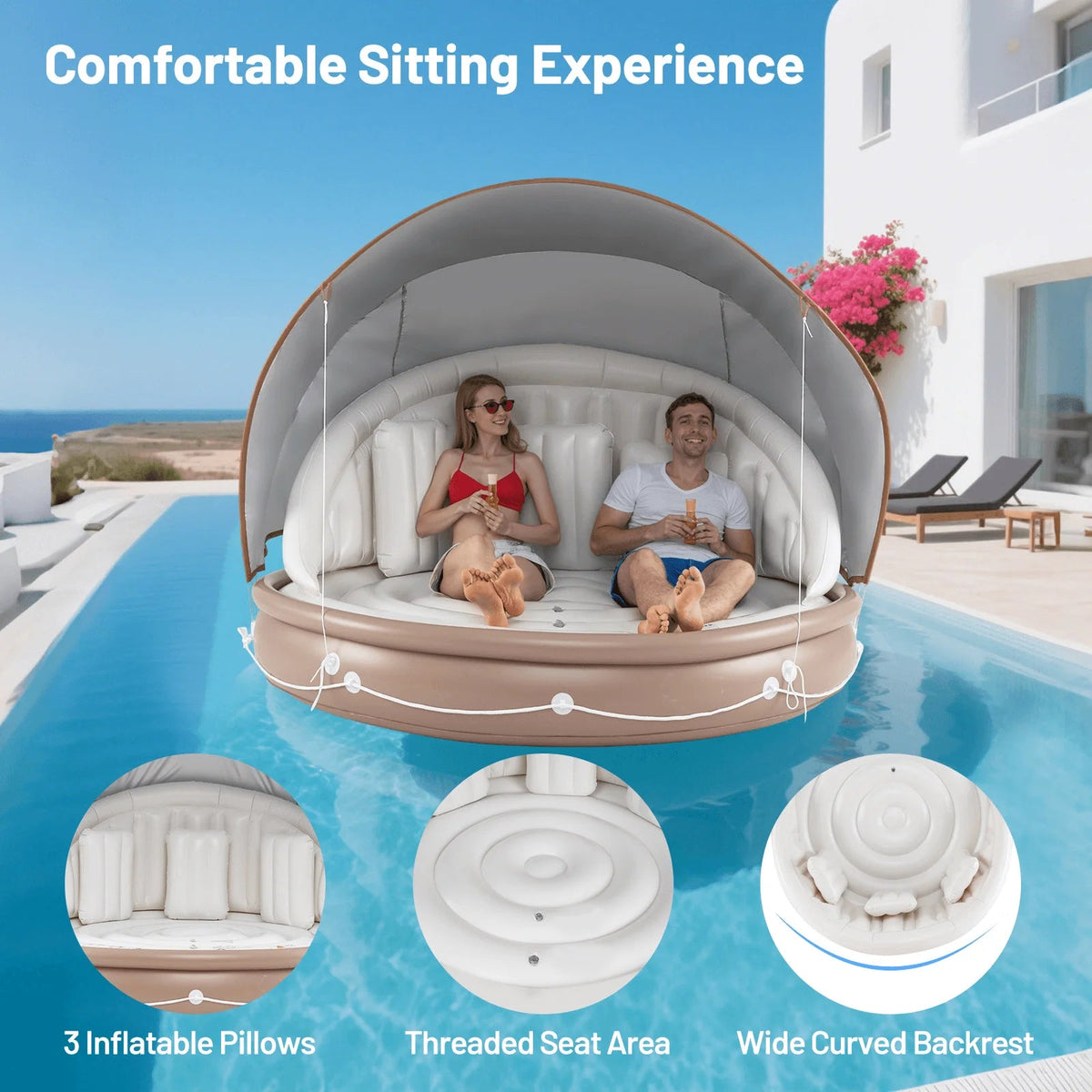 Costway Canopy Inflatable Pool Float Lounge, 71'' x 71'' x 63'' - White Brown Silver