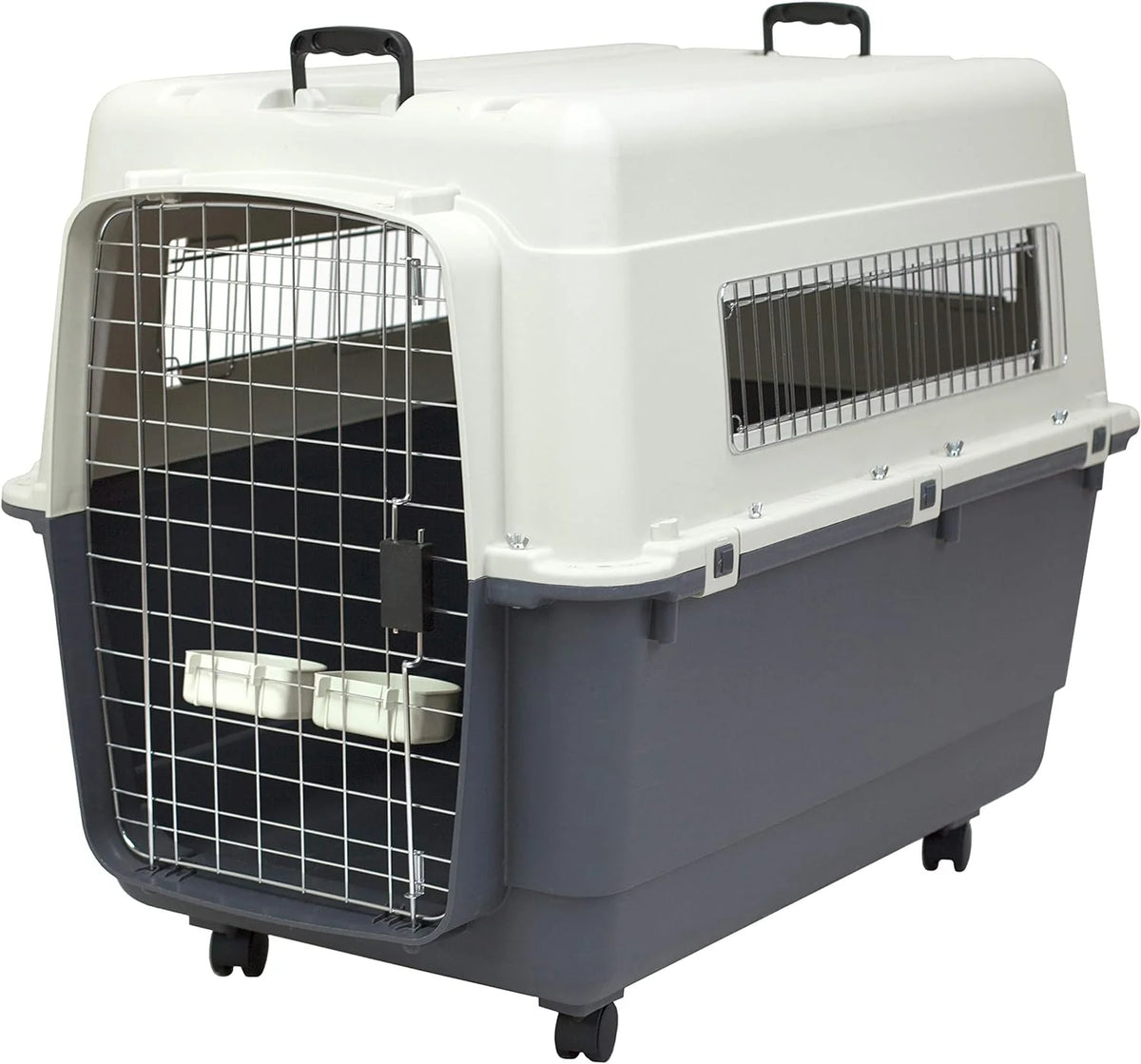 SportPet Designs Plastic Airline Approved Rolling Dog Kennel With Wire Door, XXX-Large, Gray, 48in L x 32in W x 36in H