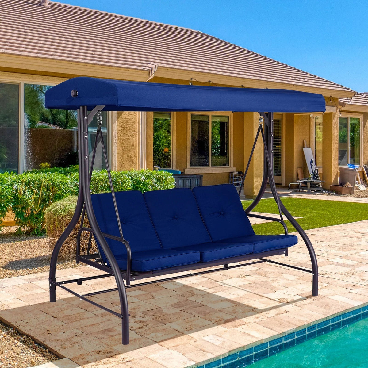 Arlopu 3-Person Outdoor Convertible Porch Swing Glider With Canopy